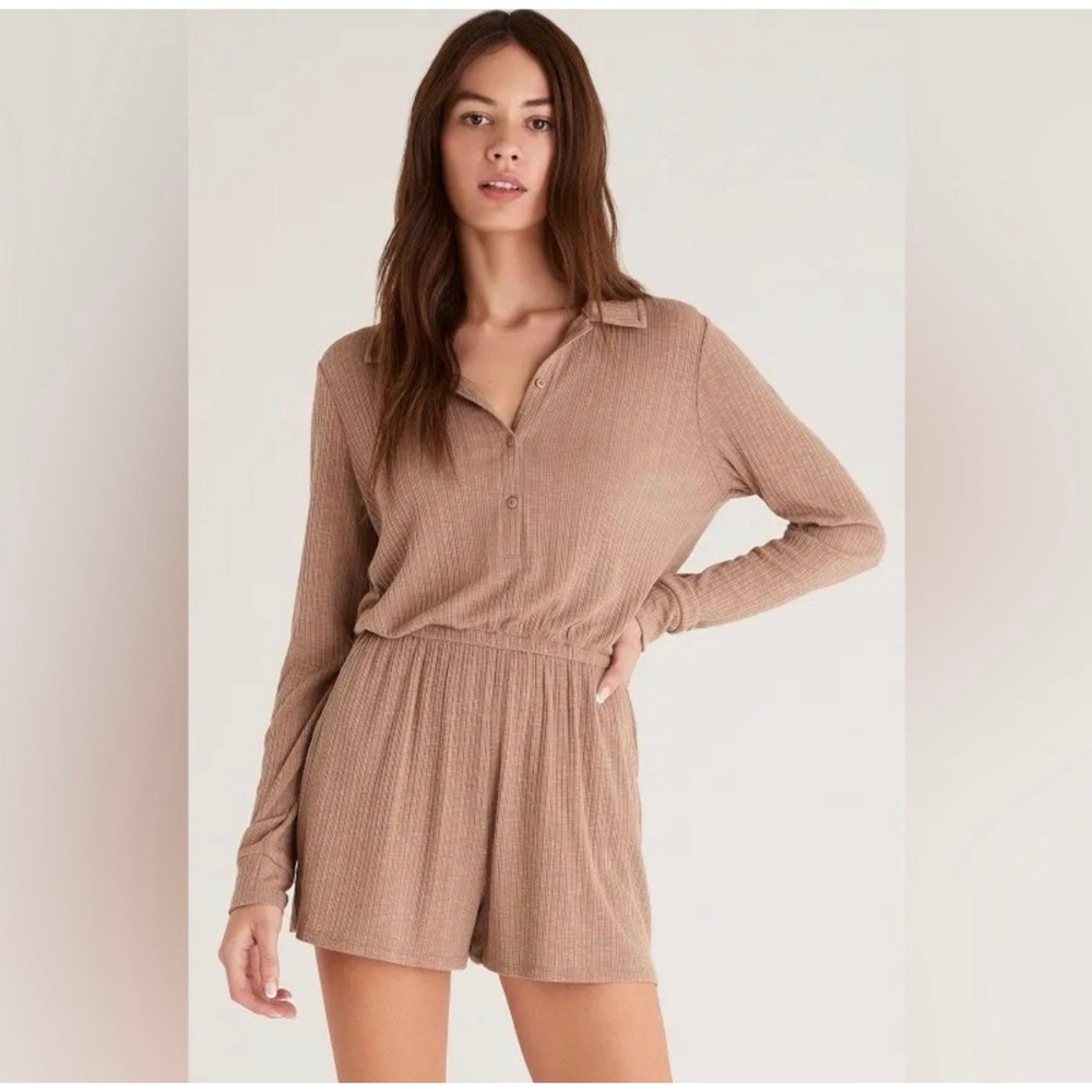 Z Supply Portabella Tan Lyra Rib Henley Romper Casual Lounge Brown L NWT